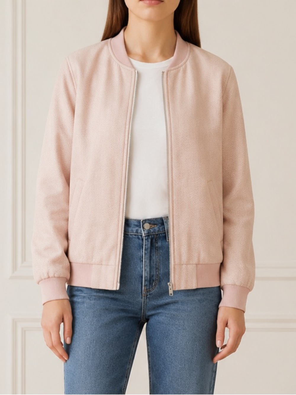 Ampersand Avenue Bomber Jacket Size Small Blush Pink Herringbone Full Zip NWT